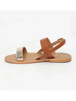 Leder-Sandalen in Hellbraun/ Gold