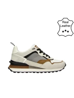 Leder-Sneakers in Creme/ Grau