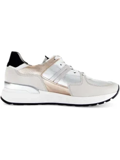 Leder-Sneakers in Grau/ Beige/ Silber