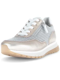 Leder-Sneakers in Silber/ Beige