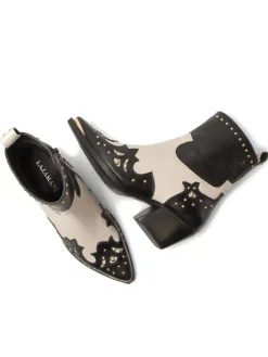 Leder-Stiefeletten in Creme/ Schwarz