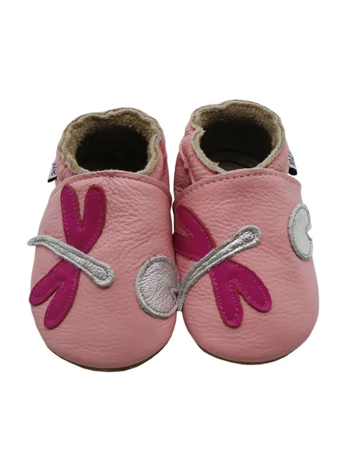 Rosa Baby-Laufanfänger aus echtem Leder, rutschfeste Sohlen – Libellen-Design