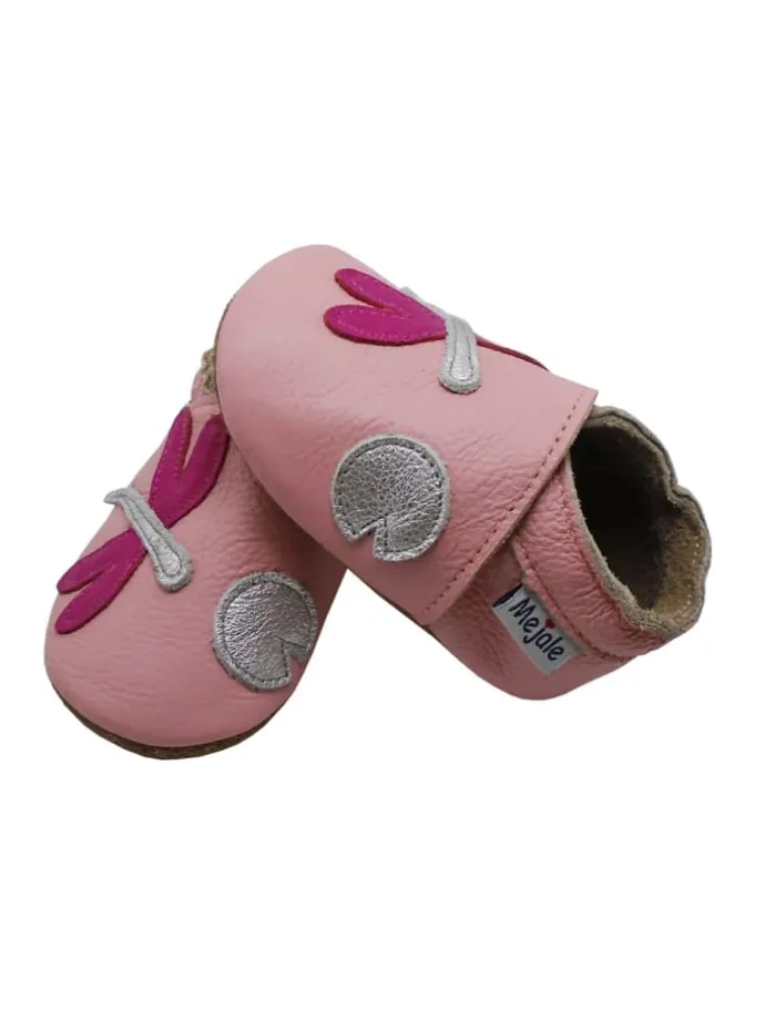 Rosa Baby-Laufanfänger aus echtem Leder, rutschfeste Sohlen – Libellen-Design