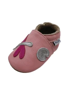 Rosa Baby-Laufanfänger aus echtem Leder, rutschfeste Sohlen – Libellen-Design