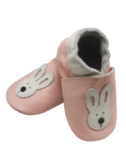 Rosa Baby-Leder-Laufschuhe, komfortabel mit rutschfester Sohle - mit Hasenmotiv