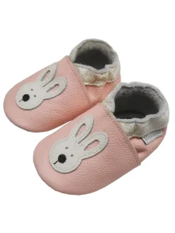 Rosa Baby-Leder-Laufschuhe, komfortabel mit rutschfester Sohle - mit Hasenmotiv
