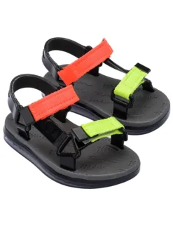 Sandalen in Schwarz/ Koralle/ Gelb