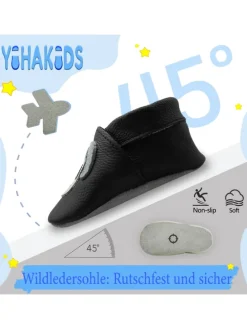 Schwarze Baby Leder Krabbelschuhe, mit rutschfester Sohle – Hund-Muster