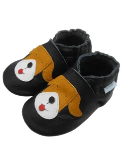 Schwarze Baby-Leder-Laufschuhe, komfortabel mit rutschfester Sohle - Mops-Motiv