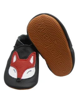 Schwarze Baby-Leder-Laufschuhe, komfortabel mit rutschfester Sohle - Fuchsmotiv