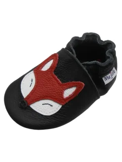 Schwarze Baby-Leder-Laufschuhe, komfortabel mit rutschfester Sohle - Fuchsmotiv