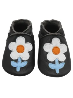 Schwarze Baby-Leder-Laufschuhe, komfortabel mit rutschfester Sohle - Blumenmotiv