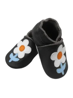 Schwarze Baby-Leder-Laufschuhe, komfortabel mit rutschfester Sohle - Blumenmotiv