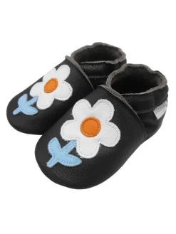 Schwarze Baby-Leder-Laufschuhe, komfortabel mit rutschfester Sohle - Blumenmotiv