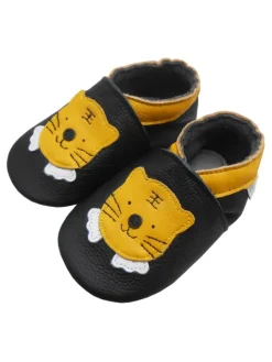 Schwarze Baby-Leder-Laufschuhe, komfortabel mit rutschfester Sohle - Tigermotiv