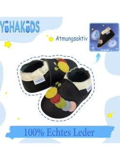 Schwarze Baby-Leder-Laufschuhe, komfortabel mit rutschfester Sohle - Raupenmotiv