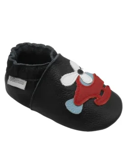 Schwarze Baby-Leder-Laufschuhe, komfortabel mit rutschfester Sohle-Flugzeugmotiv