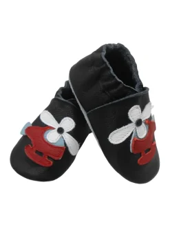 Schwarze Baby-Leder-Laufschuhe, komfortabel mit rutschfester Sohle-Flugzeugmotiv