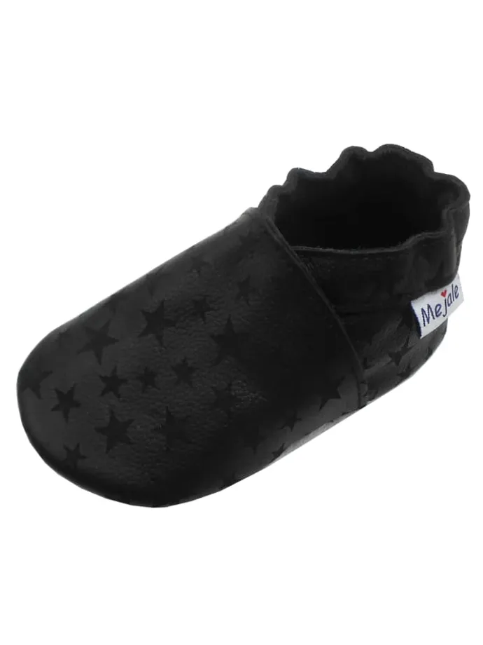 Schwarze Baby-Leder-Laufschuhe, komfortabel mit rutschfester Sohle-Sternenmuster