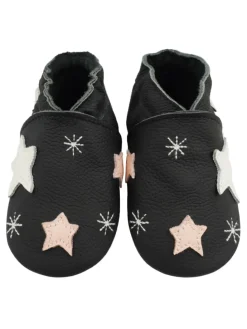 Schwarze Baby-Lederschuhe, rutschfeste Sohle mit Schneeflocken- und Sternmuster