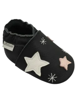 Schwarze Baby-Lederschuhe, rutschfeste Sohle mit Schneeflocken- und Sternmuster