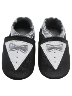 Schwarze Leder Krabbelschuhe für Babys mit rutschfester Sohle – Schleifen-Muster