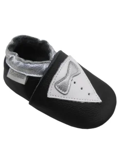 Schwarze Leder Krabbelschuhe für Babys mit rutschfester Sohle – Schleifen-Muster