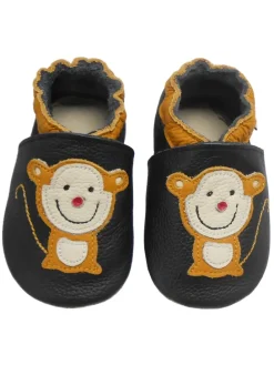 Schwarze Leder Krabbelschuhe für Babys mit rutschfester Sohle – Affen-Muster