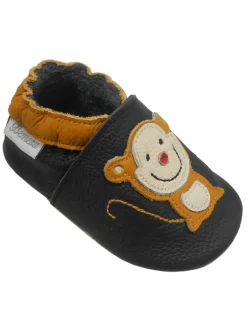 Schwarze Leder Krabbelschuhe für Babys mit rutschfester Sohle – Affen-Muster