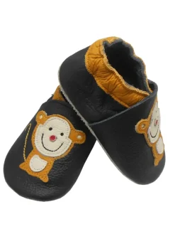 Schwarze Leder Krabbelschuhe für Babys mit rutschfester Sohle – Affen-Muster