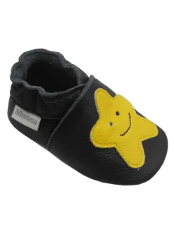 Schwarze Leder Krabbelschuhe für Babys mit rutschfester Sohle – Schleifen-Muster