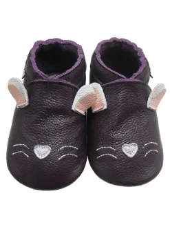 Tiefviolette Baby-Leder-Laufanfänger mit rutschfester Sohle – Kaninchen-Design