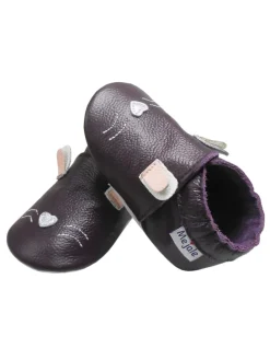 Tiefviolette Baby-Leder-Laufanfänger mit rutschfester Sohle – Kaninchen-Design