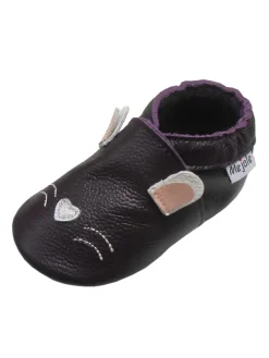 Tiefviolette Baby-Leder-Laufanfänger mit rutschfester Sohle – Kaninchen-Design