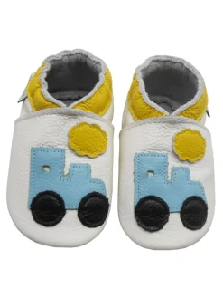 Weiße Leder Krabbelschuhe für Babys mit rutschfester Sohle – Lkw-Muster
