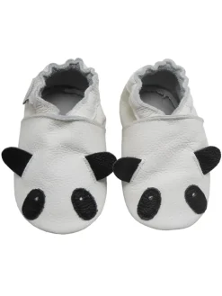 Weiße Leder Krabbelschuhe für Babys mit rutschfester Sohle – Panda-Muster