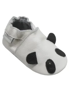 Weiße Leder Krabbelschuhe für Babys mit rutschfester Sohle – Panda-Muster