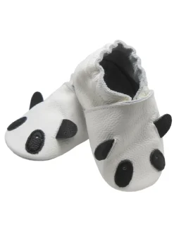 Weiße Leder Krabbelschuhe für Babys mit rutschfester Sohle – Panda-Muster